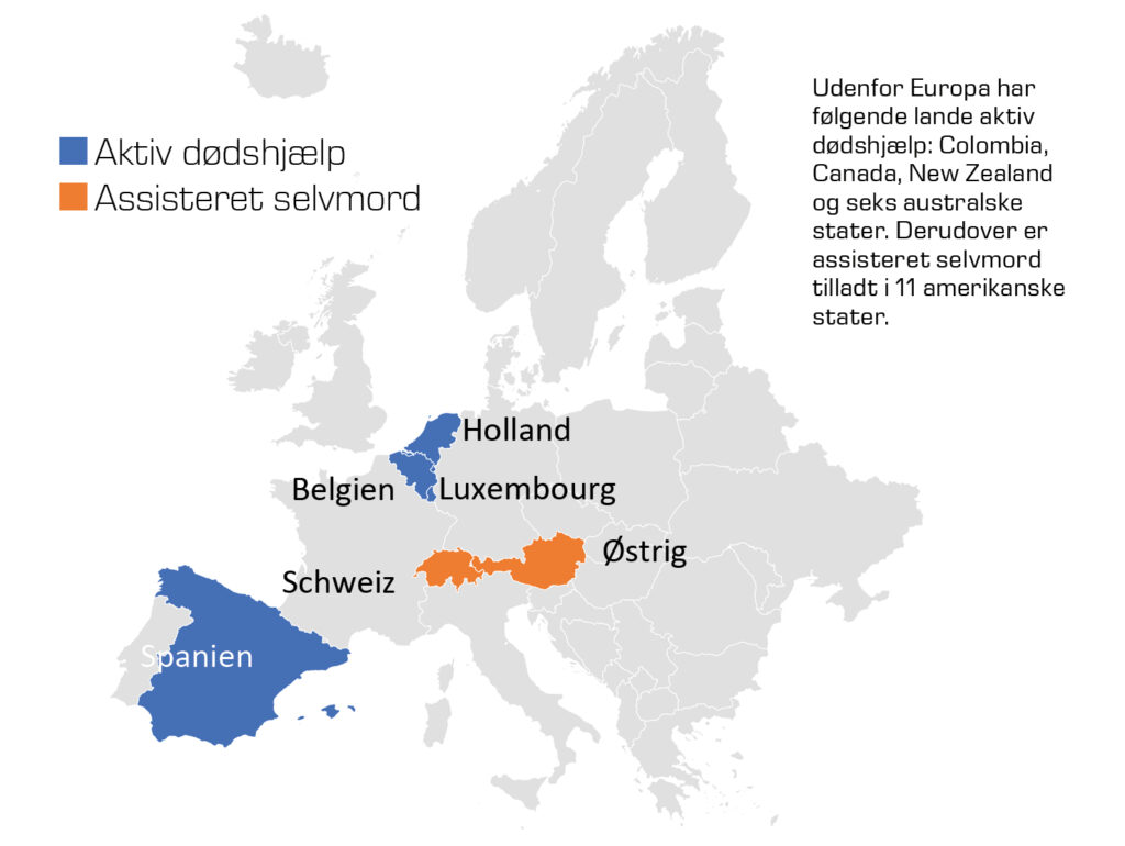 Europakort, der viser, hvilke lande der har indført aktiv dødshjælp